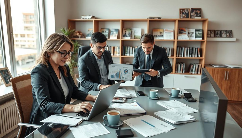 A busy mortgage office scene featuring a diverse group of professionals in business attire engaged in the mortgage application process. In the foreground, a middle-aged woman confidently reviews documents at a modern desk, with a laptop open and various financial papers spread around her. In the middle, a young man collaborates with a loan officer, both interacting over a tablet displaying charts and mortgage rates, while a calculator and coffee cups add a touch of realism. The background shows shelves filled with mortgage brochures and financial books, with large windows allowing soft, natural light to illuminate the space, creating an inviting and professional atmosphere. The angle is slightly overhead to capture the entire workspace, emphasizing collaboration and clarity in the process.