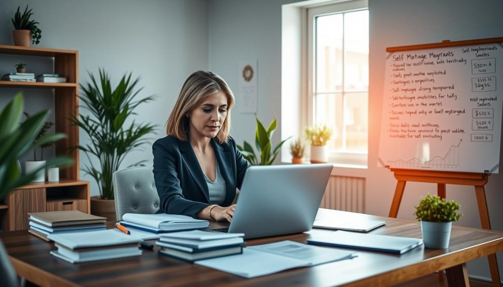 A cozy, modern home office setting, showcasing a self-employed individual reviewing mortgage documents at a stylish wooden desk. In the foreground, a middle-aged woman in professional business attire is focused on her laptop, surrounded by a few neatly stacked files and a laptop displaying financial graphs. In the middle ground, a large window lets in soft, natural light, illuminating the room with a warm ambiance, while houseplants add a touch of greenery. In the background, a whiteboard filled with handwritten notes about mortgage requirements and self-employment statistics can be seen, emphasizing the topic. The scene conveys a sense of professionalism, insight, and determination, highlighting the unique challenges faced by self-employed individuals in securing mortgages.