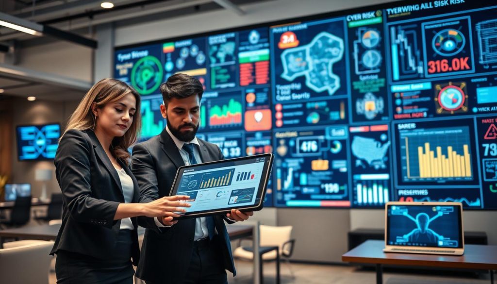 A detailed cyber risk assessment scene in a modern office environment. In the foreground, a diverse group of three business professionals, including a confident woman in a tailored suit, a focused man in smart casual attire, and a tech-savvy young man, collaboratively analyzing a large digital tablet displaying complex data and security graphs. The middle ground features sleek office furniture and various cybersecurity tools like laptops and digital screens showing firewall alerts and risk metrics. In the background, a high-tech wall filled with dynamic digital charts, cybersecurity maps, and indicators of risk levels highlights a professional atmosphere. Soft, ambient lighting creates an organized and serious mood, while a slight camera tilt offers a dynamic perspective, inviting viewers into the scene. The overall feel is one of collaboration and diligence in safeguarding business assets against cyber threats.