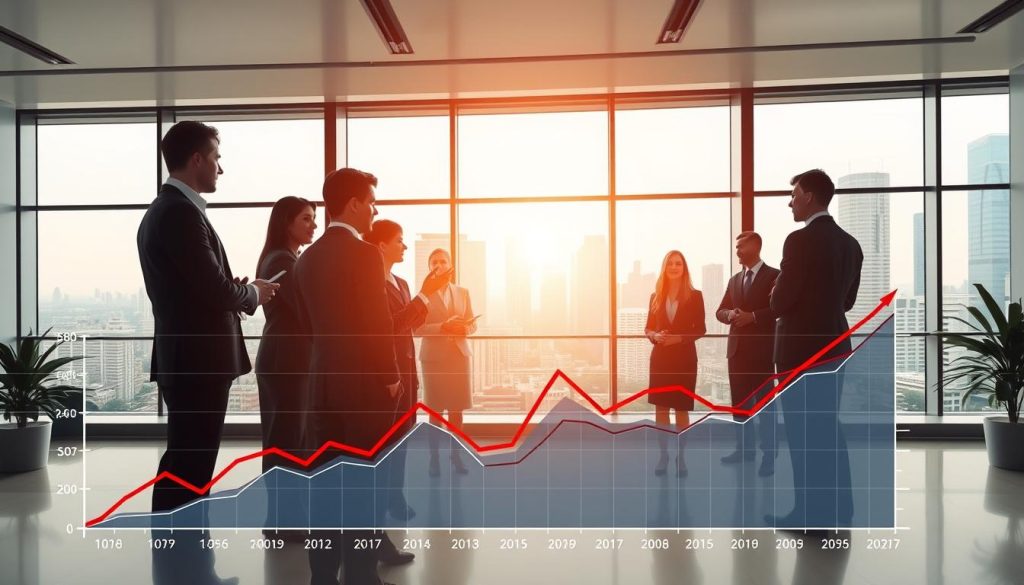 A detailed illustration of a mortgage rate trend analysis, presented in a professional style. In the foreground, a sleek, modern chart showing fluctuating mortgage rates over time, with sharp lines and bold colors for key indicators. In the middle ground, a sophisticated business environment featuring a diverse group of professionals dressed in business attire, intently discussing the chart. The background comprises a stylish office setting with large windows overlooking a cityscape, bathed in natural light to create an optimistic atmosphere. The overall mood is analytical and focused, capturing the essence of economic influence on mortgage rates. The composition evokes a sense of urgency and importance, ideal for financial discussions.