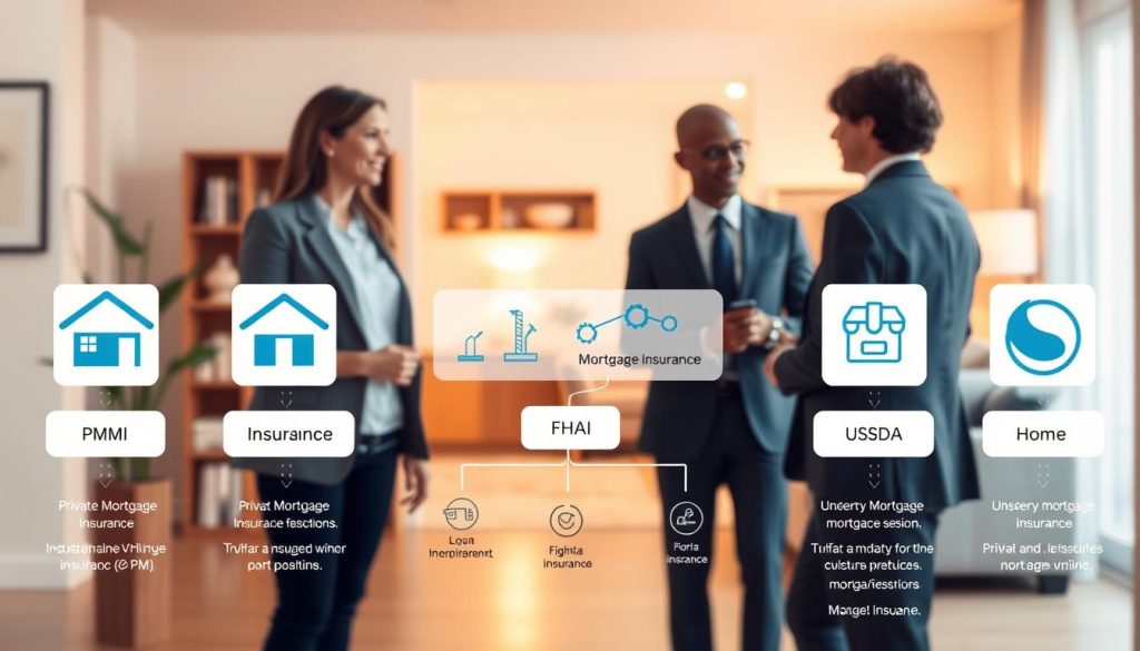A detailed illustration of various types of mortgage insurance, featuring a visually engaging layout. In the foreground, display distinct labels for each type of mortgage insurance, such as Private Mortgage Insurance (PMI), FHA Insurance, and USDA Loan Insurance, represented by unique icons or symbols. The middle section should include schematics or flowcharts that depict how each insurance type functions, accompanied by subtle annotations. In the background, create a comforting and professional home setting, perhaps with a financial advisor and a couple engaged in a discussion, both dressed in business attire. Use warm, inviting lighting to convey an atmosphere of trust and security, captured with a soft-focus lens to enhance the warm ambiance while keeping the subjects clear.