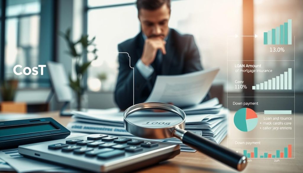 A detailed infographic-style image illustrating the cost factors of mortgage insurance. In the foreground, show a calculator, a stack of financial documents, and a magnifying glass highlighting key figures. In the middle ground, depict a professional in business attire analyzing these documents, with a thoughtful expression. The background should feature a soft-focus of a modern office environment, with a window letting in natural light, creating a warm atmosphere. Incorporate subtle visual elements like graphs and pie charts subtly integrated into the design, showcasing the various cost factors such as loan amount, credit score, and down payment. Use a balanced color palette of blues and greens to convey trust and stability, with soft lighting that enhances the focus on the financial analysis.