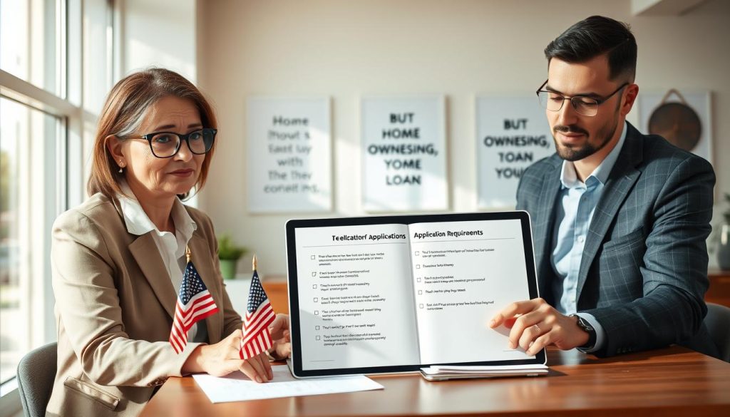 A detailed, step-by-step representation of the VA loan application process, featuring a diverse group of three professionals in a modern office setting. In the foreground, a middle-aged woman with glasses, dressed in a professional suit, is reviewing documents at a desk, while a young man in smart casual attire discusses with her, pointing at a document outlining the VA loan requirements. In the middle, an open laptop displays a digital checklist of application steps, with a small American flag nearby. The background features a bright, contemporary office space with motivational posters about home ownership. Soft, natural lighting streams in through large windows, creating a warm and inviting atmosphere. The composition should evoke a sense of professionalism, focus, and clarity in the loan application journey.