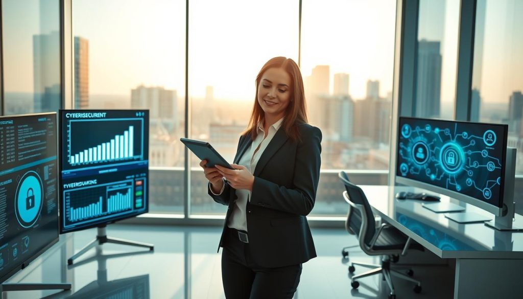 A modern office environment showcasing the concept of cyber liability insurance. In the foreground, a professional-looking businesswoman in smart attire stands confidently, examining a digital tablet displaying cybersecurity data. The middle ground features a sleek, high-tech workspace with monitors displaying graphs, secure data certificates, and network diagrams that emphasize the importance of cybersecurity for businesses. The background is an urban skyline visible through large glass windows, bathed in soft morning light, creating a hopeful ambiance. The image captures a sense of security and professionalism, with a focus on technology and business resilience, ensuring it conveys the significance of cyber insurance.