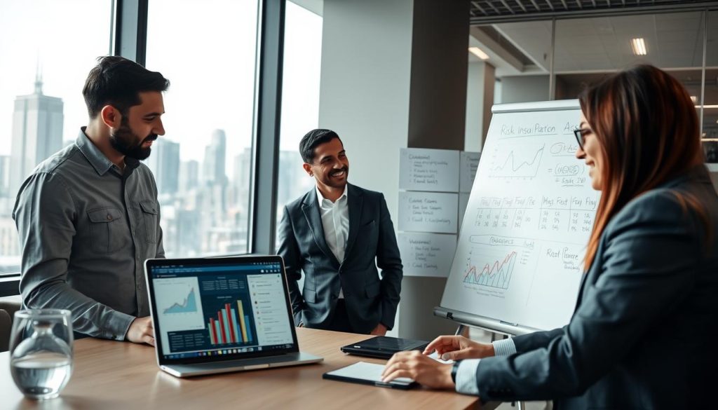 A modern office environment with a focus on calculating insurance premiums. In the foreground, a diverse group of three professionals (two men and one woman) is engaged in discussion, one using a laptop displaying charts and numbers related to insurance calculations. The middle ground features a whiteboard filled with graphs, formulas, and data points about risk assessment and premium calculation factors. In the background, a large window offers a view of a city skyline, indicative of a bustling corporate atmosphere. Soft, natural light filters through the window, creating a warm and focused ambiance. The scene captures a sense of teamwork and professionalism, emphasizing analytical thinking and clear communication. The composition is taken from a slightly elevated angle, providing depth to the office space while directing attention to the discussions and calculations at hand.