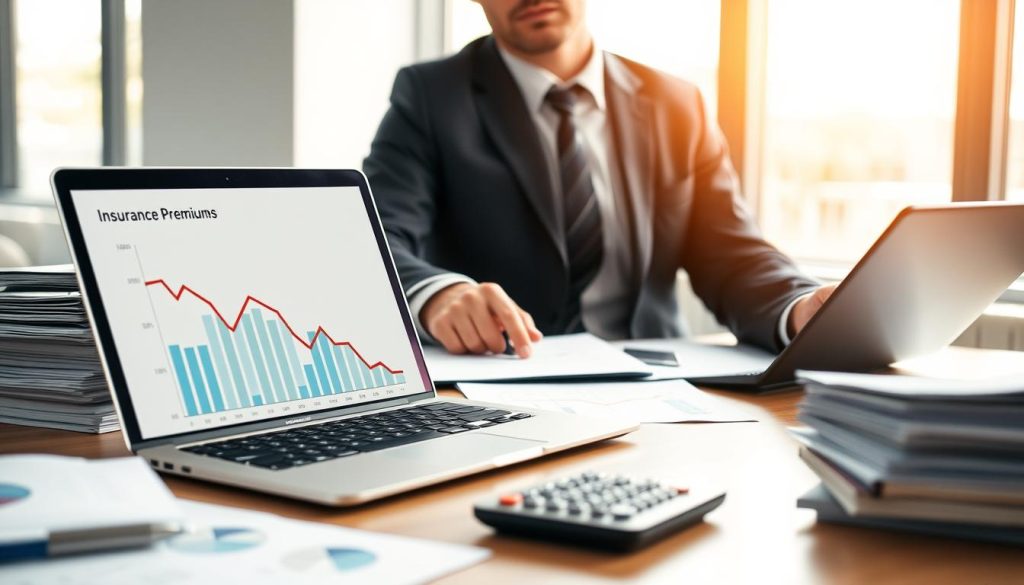 A modern office setting with a professional business consultant sitting at a desk, analyzing charts and graphs that depict declining insurance premiums. In the foreground, a laptop displays a clear, colorful graph showing a downward trend in costs. The middle ground features stacks of documents and a calculator, emphasizing financial analysis. The background includes a large window with natural light streaming in, illuminating the workspace and creating a positive, optimistic atmosphere. Soft, warm lighting highlights the consultant, who is wearing a smart suit, symbolizing professionalism and expertise. The image conveys a sense of strategy and success in financial management, with a focus on lowering costs effectively.