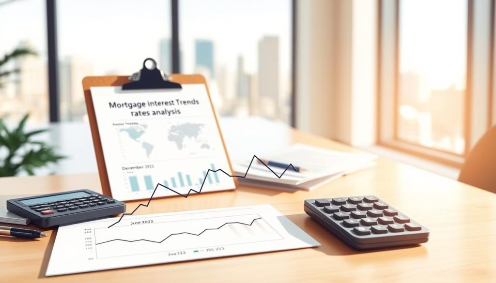 A professional and informative illustration depicting a mortgage rate trend analysis. Foreground features a clear line graph showing fluctuating mortgage interest rates over time, with distinct data points for June 2022, December 2022, and June 2023. Middle ground includes a clipboard with charts and a calculator, indicating a thorough analysis of market trends. Background showcases a soft-focus office environment with a window view of a city skyline, suggesting a corporate setting. The lighting is bright and natural, illuminating the workspace to create a focused atmosphere. The mood is analytical and insightful, perfect for conveying important financial trends. Include minimalistic design elements to enhance clarity, with no text, logos, or distractions in the composition.