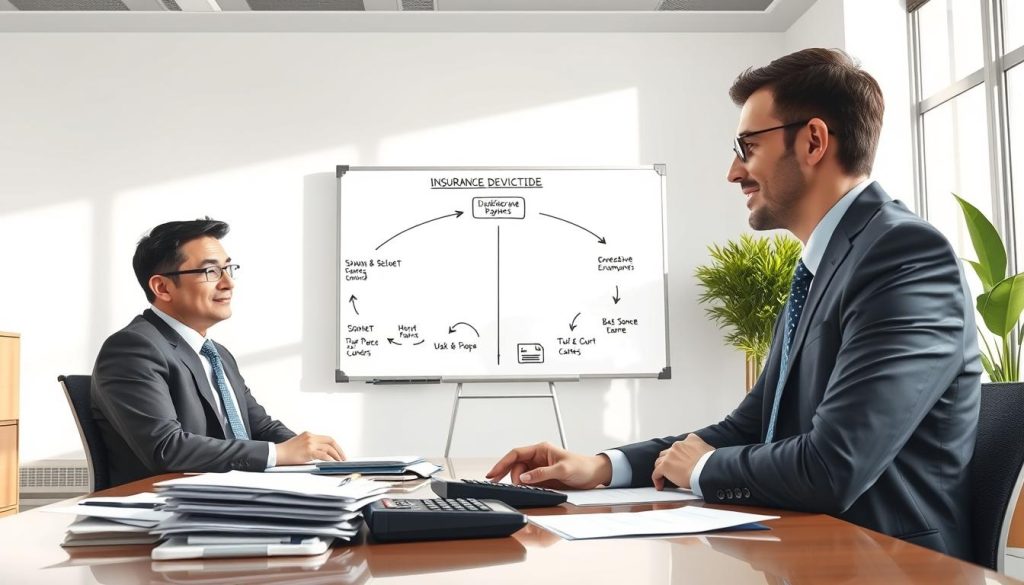 A professional and informative illustration depicting the insurance deductible process. In the foreground, a focused financial advisor in business attire (suit and tie) interacts with a client, both seated at a modern office desk cluttered with insurance documents and a calculator. The middle layer shows a large flowchart on a whiteboard, visually breaking down the deductible process with clear arrows and icons representing expenses, payments, and claims. In the background, a bright office setting with soft natural lighting pouring through the windows, creating a warm and inviting atmosphere. The angle is slightly elevated, capturing both the advisor and client’s engaged expressions. The overall mood reflects clarity and professionalism, emphasizing the importance of understanding insurance deductibles.