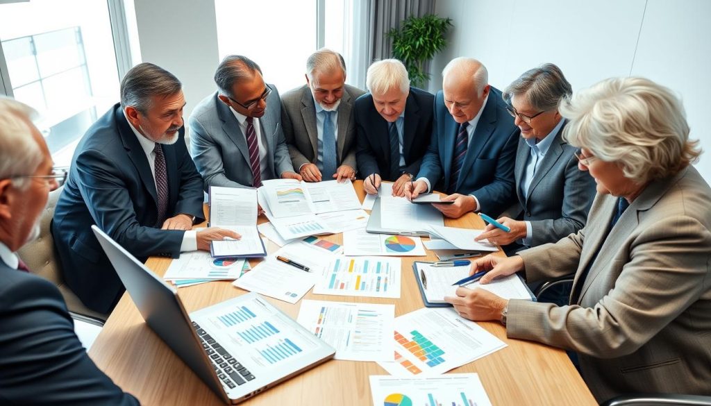 A professional business setting showcasing a diverse group of seniors, including men and women of different ethnic backgrounds, dressed in smart business attire, engaging in a discussion around a large table filled with documents and charts related to health insurance policies. The foreground features an open laptop displaying comparison charts. In the middle, seniors are examining colorful brochures and notes while taking notes on notepads. The background features a bright office with a window, letting in soft natural light. The atmosphere is focused and collaborative, reflecting a serious yet optimistic mood. Use a slightly elevated angle to capture the dynamic interaction and detailed paperwork.