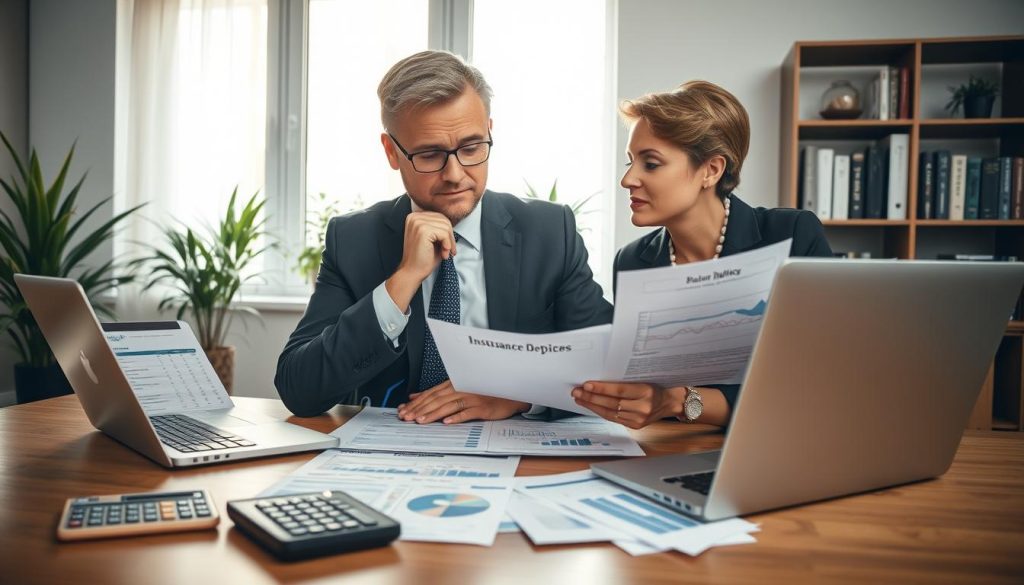 A professional financial advisor sitting at a modern desk, thoughtfully examining various insurance policy documents spread out on the table. In the foreground, a calculator and a laptop display charts and graphs related to deductibles. In the middle ground, the advisor, dressed in formal business attire, has a focused expression while discussing options with a well-dressed client, also engaged in the conversation, indicating collaborative decision-making. In the background, soft natural light pours in through a large window, illuminating plants and a bookshelf with finance-related books, creating a calm and informative atmosphere. The image conveys a sense of professionalism, trust, and clarity, perfect for illustrating a section about making informed insurance deductible choices.