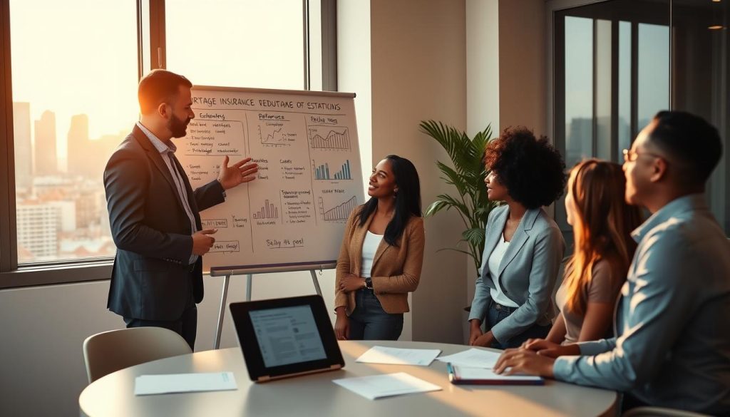 A professional financial advisor standing confidently in a modern office environment, discussing mortgage insurance reduction strategies with a diverse group of clients. The advisor, dressed in a tailored business suit, gestures towards a large whiteboard filled with charts and graphs illustrating various strategies, such as refinancing options and lender-paid mortgage insurance. In the background, a window reveals a city skyline bathed in warm natural light, creating an inviting atmosphere. The middle ground features a round table with documents and a laptop displaying relevant information. The overall mood is one of collaboration and clarity, emphasizing the importance of informed financial decisions and teamwork in reducing mortgage insurance costs.