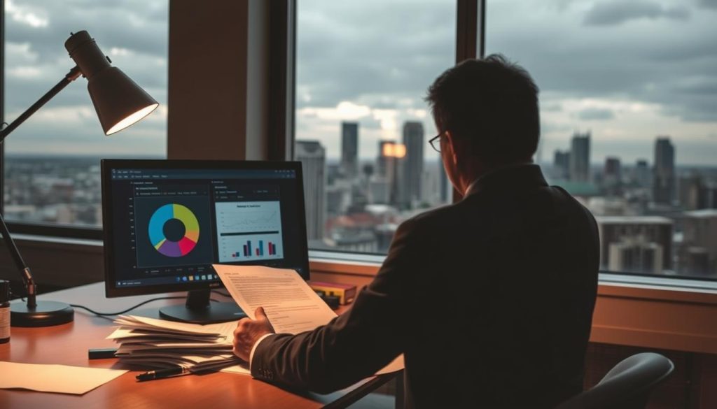 A professional investigative scene focused on insurance fraud reporting. In the foreground, a person in business attire, sitting at a cluttered desk, reviewing documents with a concerned expression, illuminated by warm desk lamp light. The middle ground features a computer screen showing a pie chart and graphs hinting at suspicious financial activities. In the background, a window reveals a city skyline under a slightly overcast sky, creating a serious atmosphere. The lighting is soft but emphasizes the tension in the scene, with shadows adding depth. The mood is one of vigilance and professionalism, inviting viewers to consider the importance of recognizing red flags in potential fraud.