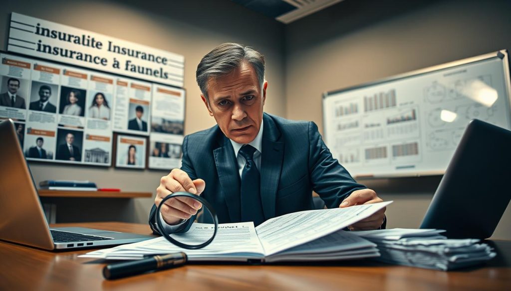 A professional investigator in a sleek office environment examines fraudulent insurance documents on a desk, surrounded by a magnifying glass, a laptop with graphs, and a stack of claims forms. The investigator, a middle-aged person dressed in a smart suit, has a focused expression, showcasing determination. In the background, a bulletin board displays high-profile insurance fraud cases and a whiteboard with notes and diagrams. The lighting is bright yet warm, creating a serious, focused atmosphere. The angle is slightly elevated, capturing both the investigator's intense concentration and the intricate details of the documents. The overall mood is one of vigilance and professionalism, emphasizing the importance of financial safeguarding against deceptive practices.