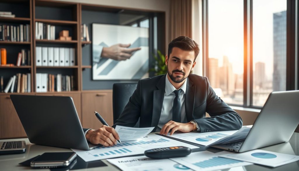 A professional setting depicting a self-employed individual reviewing mortgage options, foreground showcasing a confident person in business attire sitting at a modern desk with a laptop, documents, and a calculator. The middle layer features a focused expression as they examine charts and graphs illustrating credit scores and debt-to-income ratios. The background includes a well-lit, stylish office space with a bookshelf filled with finance-related books and a large window showing a city skyline, creating an atmosphere of professionalism and determination. Soft, natural lighting filters through the window, casting a warm glow, with a slight blur effect on the background to emphasize the subject. The overall mood conveys expertise and financial empowerment, suitable for illustrating mortgage requirements for self-employed individuals.