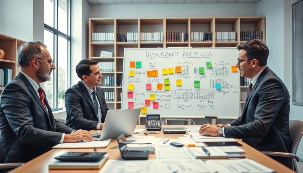 A professional, sophisticated office environment depicting the process of insurance premium calculation. In the foreground, a diverse group of three business professionals—two men and one woman—are engaged in a discussion around a large table covered with documents, calculators, and a laptop displaying financial graphs. The middle layer features a whiteboard filled with formulas and visuals related to insurance premiums, with colorful sticky notes highlighting key concepts. In the background, shelves filled with insurance books and a large window allowing natural light to flood the room, creating a bright, inviting atmosphere. The mood is focused and collaborative, perfectly capturing the essence of working together to understand insurance premiums. Soft, even lighting enhances the scene, emphasizing clarity and professionalism.
