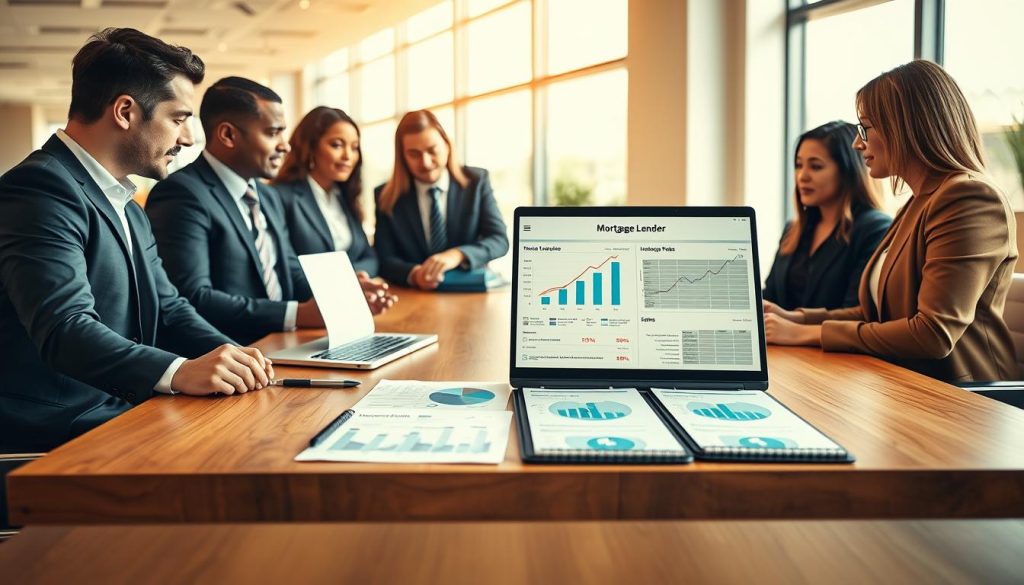 A sophisticated scene depicting a mortgage lender comparison, featuring a modern office environment. In the foreground, a group of diverse professionals in business attire are engaged in a discussion, analyzing charts and documents related to mortgage options. In the middle, a sleek wooden table showcases a laptop with graphs comparing interest rates, terms, and lender options, along with a notepad filled with notes. The background features a bright, airy office space with floor-to-ceiling windows, allowing warm, natural sunlight to illuminate the scene, creating an inviting atmosphere. Soft shadows enhance the depth, and a slight blur on the background adds focus to the professionals. The overall mood is collaborative and informative, emphasizing careful consideration and decision-making in choosing the best mortgage lender.