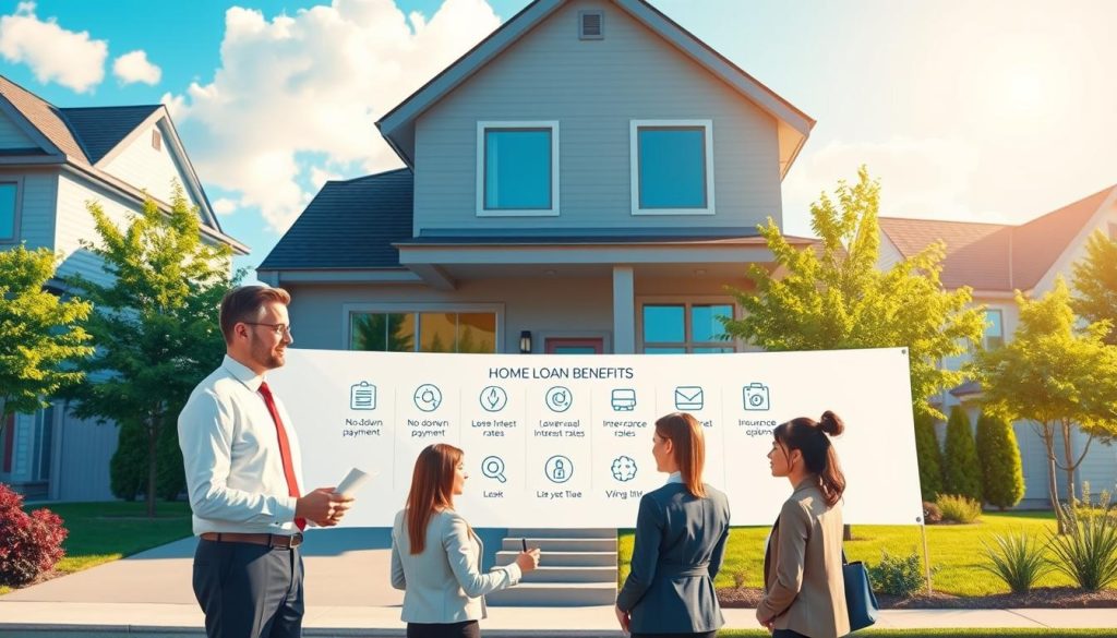 A visually engaging illustration representing the benefits of VA home loans. In the foreground, a diverse group of four professionals—two men and two women—are discussing plans in front of a well-designed, modern home. They are dressed in smart business attire, showcasing a sense of collaboration and knowledge sharing. In the middle ground, a large banner displaying home loan benefits is subtly illustrated, featuring icons like no down payment, lower interest rates, and insurance options in a clean, professional style. The background showcases a bright, sunny day with blue skies and lush greenery around the neighborhood, conveying a sense of community and security. The lighting is warm and inviting, creating a hopeful to reflect the stability and opportunities that VA home loans offer. The angle is slightly elevated, providing an overview of the setting, while maintaining a focus on the group’s discussion.
