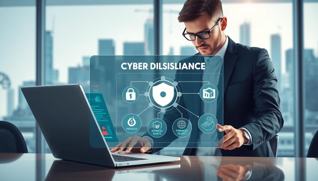 A visually striking illustration representing cyber liability insurance in a modern office setting. In the foreground, a professional business person, dressed in a sharp suit, is analyzing digital data on a sleek laptop, with visual representations of cybersecurity threats like firewalls and shields depicted on screen. In the middle, a digital infographic showcasing the concept of comprehensive business insurance for cyber risks in a creative and engaging format, with icons symbolizing data protection and financial security. In the background, a futuristic city skyline can be seen through a glass wall, illustrating a blend of technology and business. The lighting is soft yet focused, casting a professional ambiance, while conveying a sense of urgency and importance about safeguarding businesses against cyber threats.